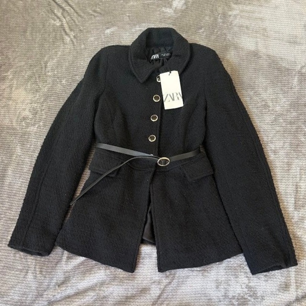 Zara Black Textured Wool Blend Belted Button Front Jacket 9360/123/800 Small